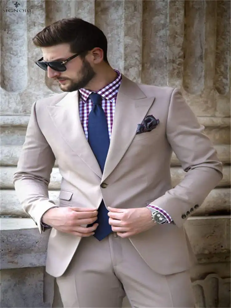 Дизайн пальто брюки бежевый умный повседневный мужской костюм slim fit деловые вечерние свадебные костюмы для мужчин на заказ смокинги