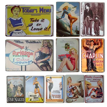 

Vintage Pin-Up Girl Wall Sticker Metal Poster Retro Sexy Lady Metal Plate Garage Home Kitchen Room Decor Chaplin Movie Poster