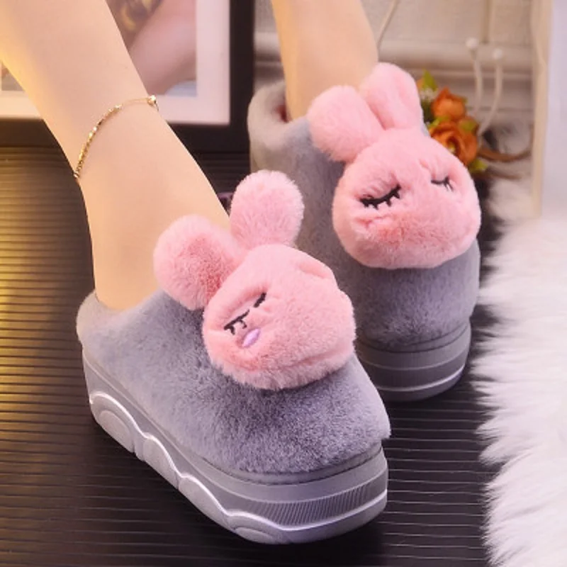 

Autumn and winter non-slip warm high-heeled cotton slippers cute cartoon three-dimensional rabbit home cotton shoes large size41