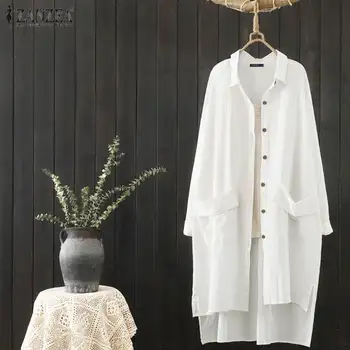 

ZANZEA Women Work White Shirts Ladies Lapel Buttons Down Tunic Tops Casual High Low Split Blouses Cotton Solid Chemise Plus Size