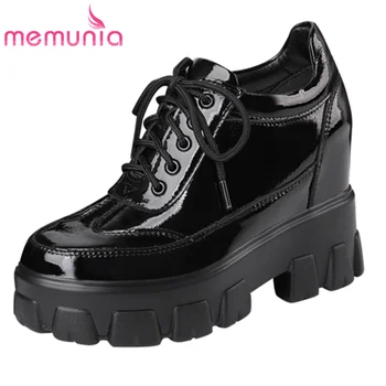 

MEMUNIA 2020 top quality patent leather women pumps round toe lace up spring autumn wedges platform shoes woman casual shoes