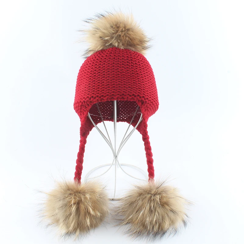 BABY Real Fur Pompom Knitted Beanies Winter Warm Hats For Fids Natural Fur Ball Caps Children Ear Cap carhartt bomber hat