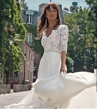 

Bohemian Wedding Dress 2020 V-Neck Half Sleeve Floor Length Lace And Chiffon robe de mariage Simple Beach Elegant Bridal Gowns