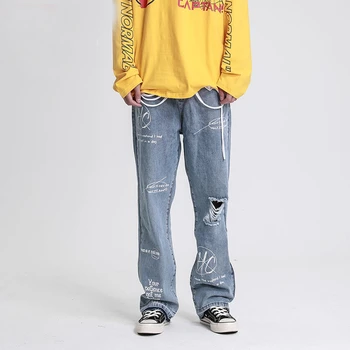

EWQ / High Street Tide Men's Bottoms Hip-hop Directly Loose Denim Pants Holes Doodle Printing Jeans For Men And Women 19H-a77