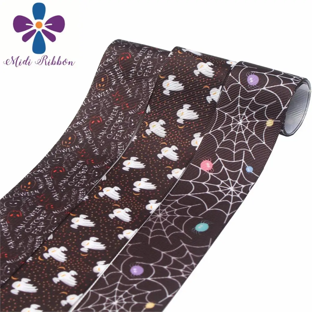 

16mm-75mm Halloween Series Web Ghost Printed Grosgrain/Foe Ribbon Geometric DIY Hair Bowknots Gift Pack 50yards/roll