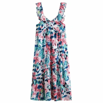 

New 2020 women v neck sleeveless flower printing ruffles casual midi dress female side zipper vestidos chic beach dresses DS3572