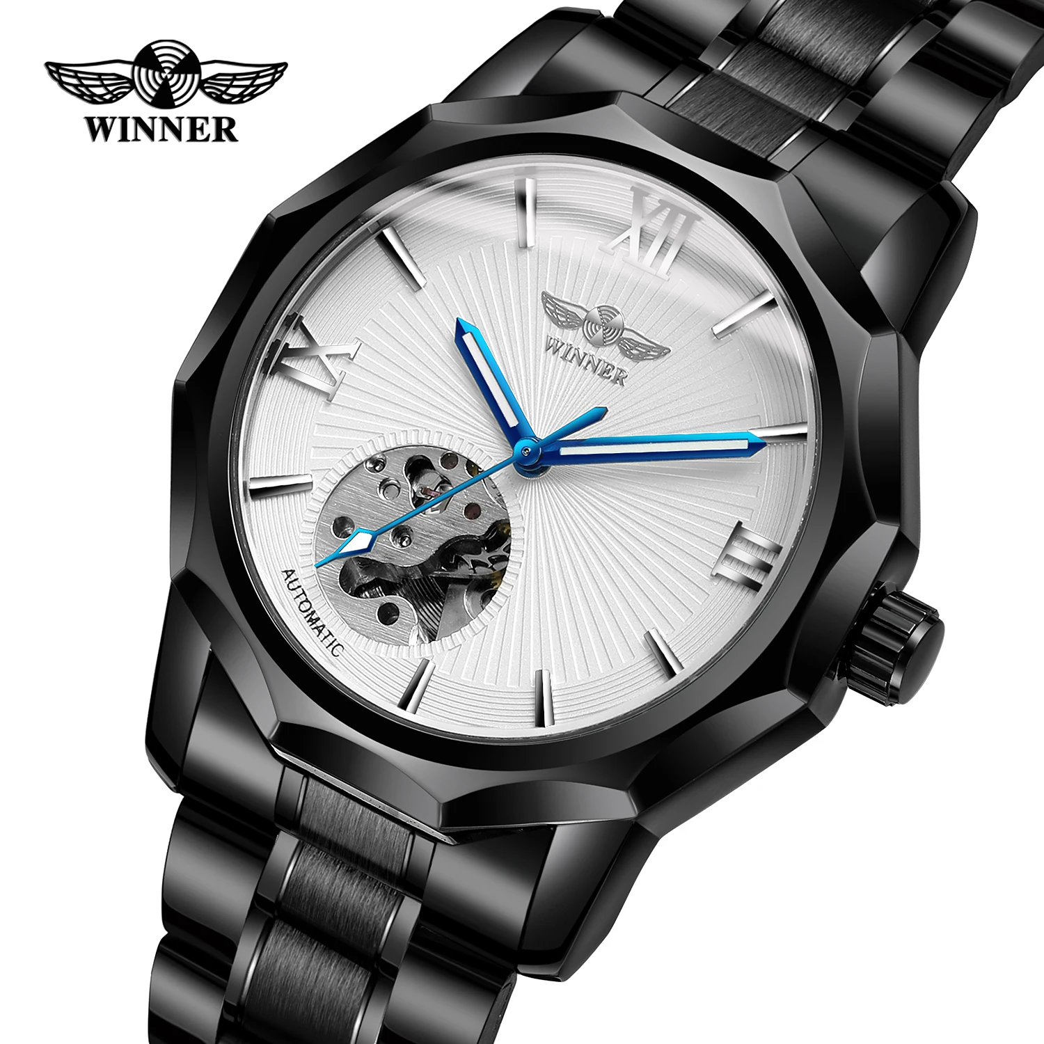 

Winner Elegant White Dial Stainless Steel Blue Luminous Hands Men Self-wind Mechanical Watch Automatic Clock reloj
