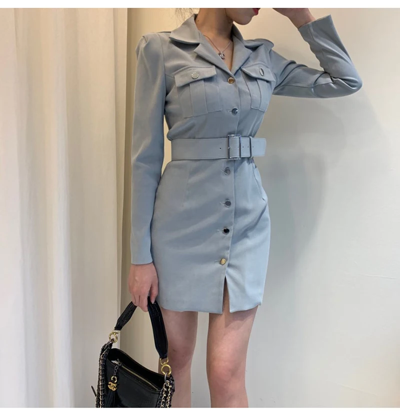 Trytree Autumn Winter Women Casual Dress Turn-down Collar Single Breasted Pockets Belt 5 Colour Slim fit Fashion Mini Dress