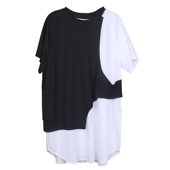 

XUXI 2020 Summer Clothes T Shirt New Women's Fake Two Short-sleeved T-shirt Fashion Stitching Medium-long Half-sleeved FZ1499