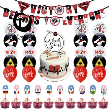 

New 2020 Viral Theme Party Decoration Supplies against Epidemic Pull Flag Banner Virus Cake Nurses Epidemic Prevention Set