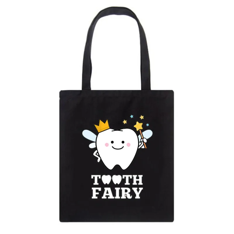 Tooth and Dentist Graphic Aesthetic Funny Fashion Black Canvas Print Shopping Bags Girls Fashion Life Casual Pacakge Hand Bag ladies shoulder bags Shoulder Bags