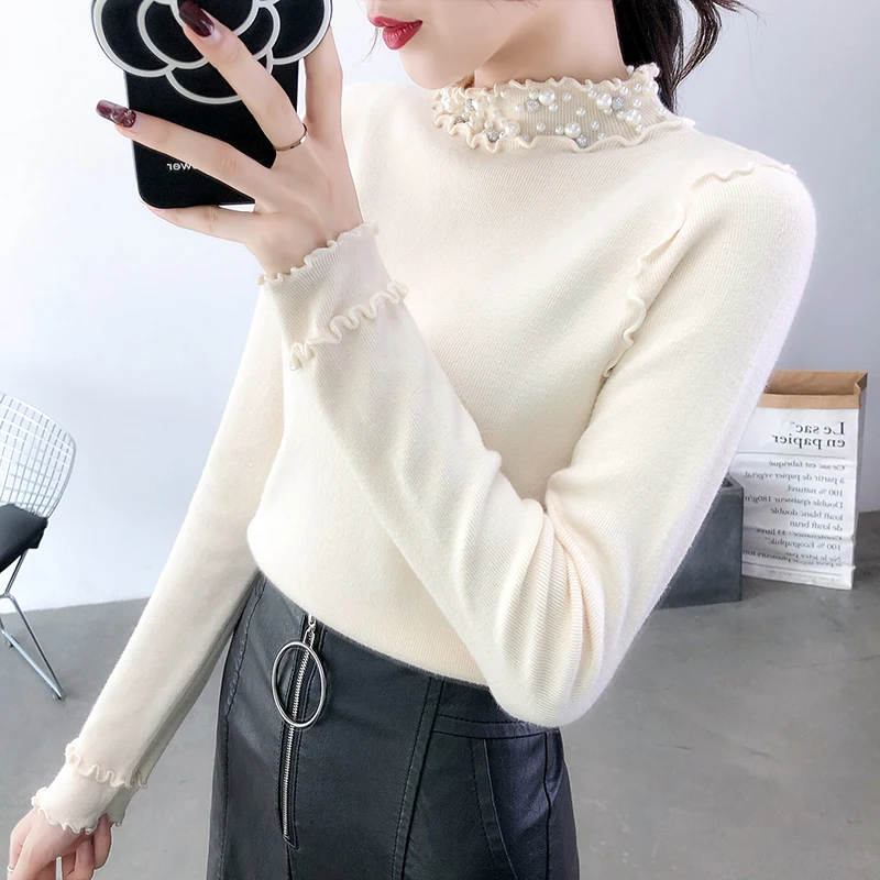 Billige Lucyever Perle Rollkragen Gestrickte Pullover Frauen Langarm Elastizität Schwarz Pullover Frau 2019 Winter Casual Einfache Pull Femme