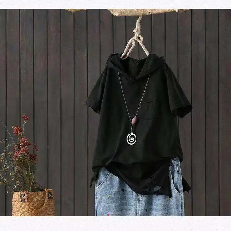 Women's Hooded T-shirt 2025 Original 95% Cotton Summer New Style Loose Cotton Short-sleeved Literary Hole Casual Women Clothing 4