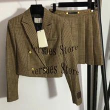 Traje Vintage a cuadros de diseño de lujo para mujer, traje temperamento de doble botonadura, traje corto, abrigo + Falda plisada de cintura alta