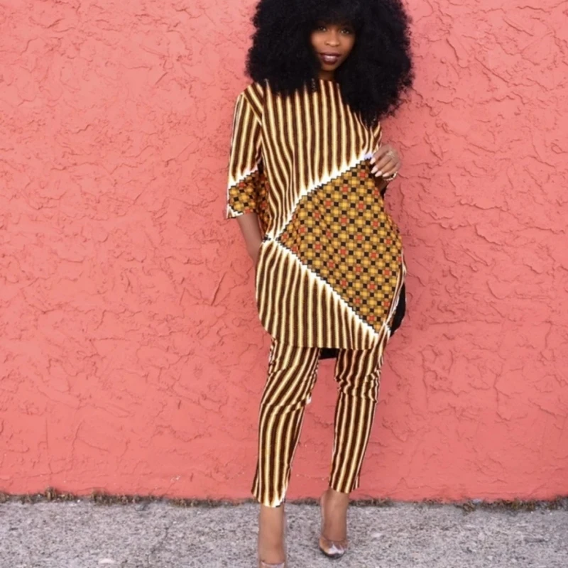 

2020 Dashiki Traditional African Clothing Two Piece Set Women Africaine Print Bodycon Dress+Pants African Clothes