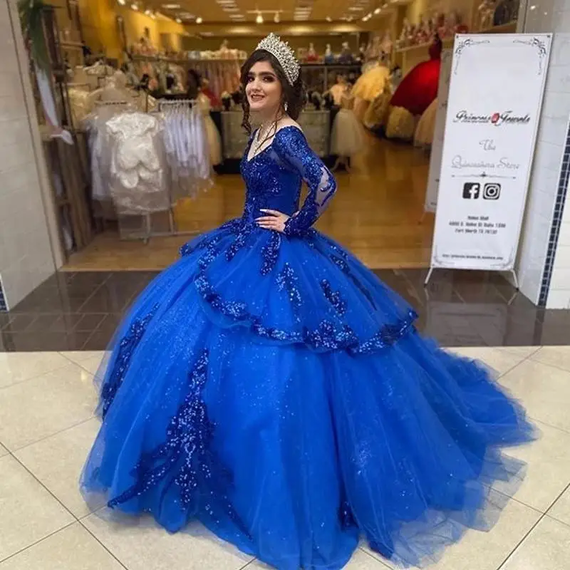 Shwaepepty Royal Blue Quinceanera Dresses V Neck Long Sleeve Sparkly Sequins Appliques Princess Ball Gown Swee