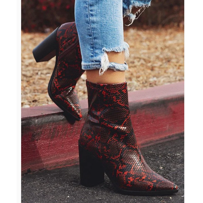 

2019 Plus Size 42 Women Boots 11cm High Heels Fetish Stripper Burgundy Ankle Boots Snake Skin Print Block Heels Chunky Red Shoes