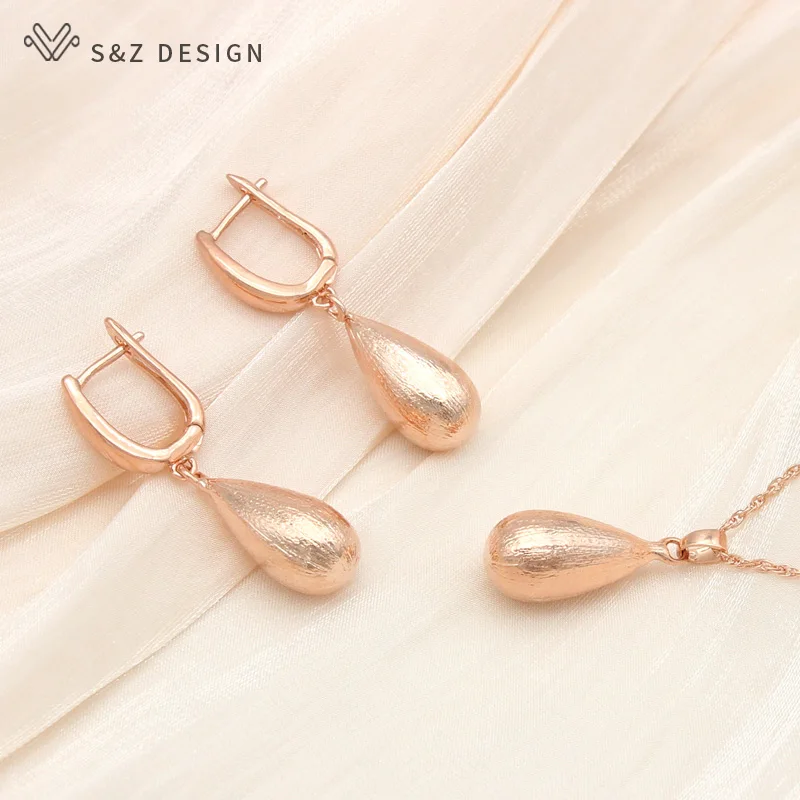S&Z DESIGN New 585 Rose Gold Color Water Drop Metal Dangle Earrings Jewelry Sets For Women Wedding Pendant Necklace