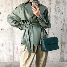 New Spring Autumn 2021 PU Leather Jacket Casual Female Streetwear Outwear Jackets Women Faux PU Leather Belt Coat