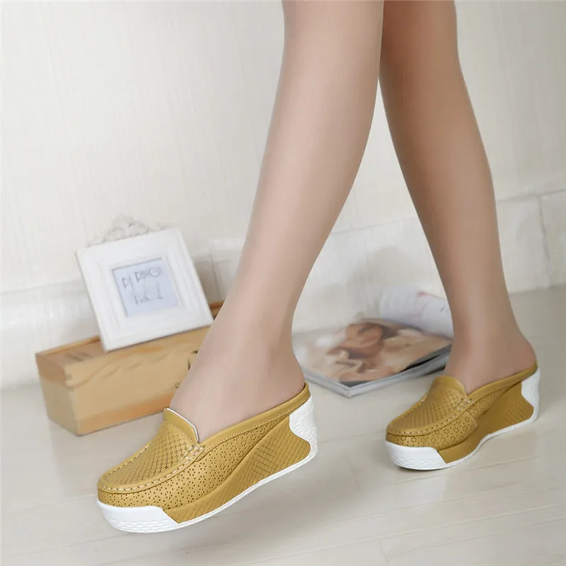 New Style Genuine Leather 12cm Heel Height Increasing Hollowed Slip On Women Thick Platform Wedges High Heel Slippers V6