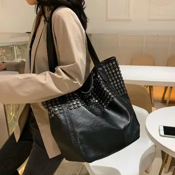 

Vintage Fashion Big Tote bag 2019 New High Quality Leather Women's Designer Handbag Rivet High capacity Shoulder Messenger Bag