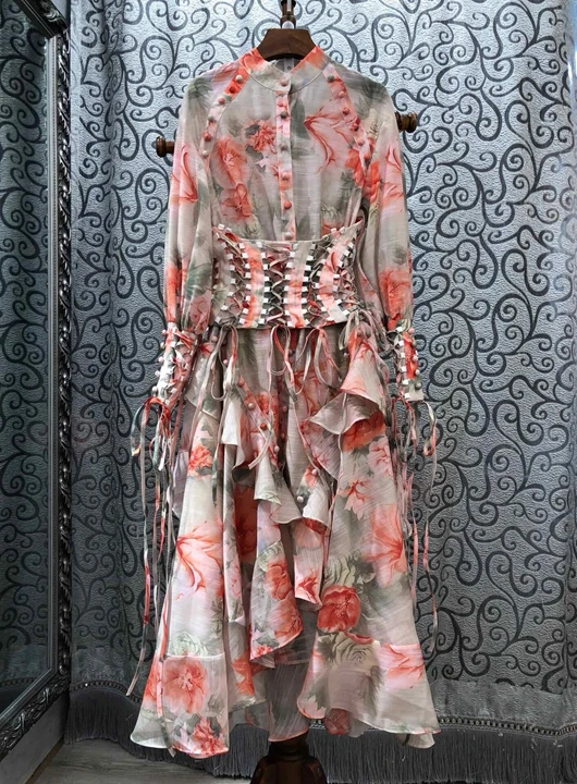 

2019 early autumn new female round neck print pattern color matching waist lotus leaf long sleeve dress 814