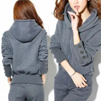 

2Pcs Women Solid Color Fleece Lining Buttons Cuff Hoodie Coat Long Pants Outfit