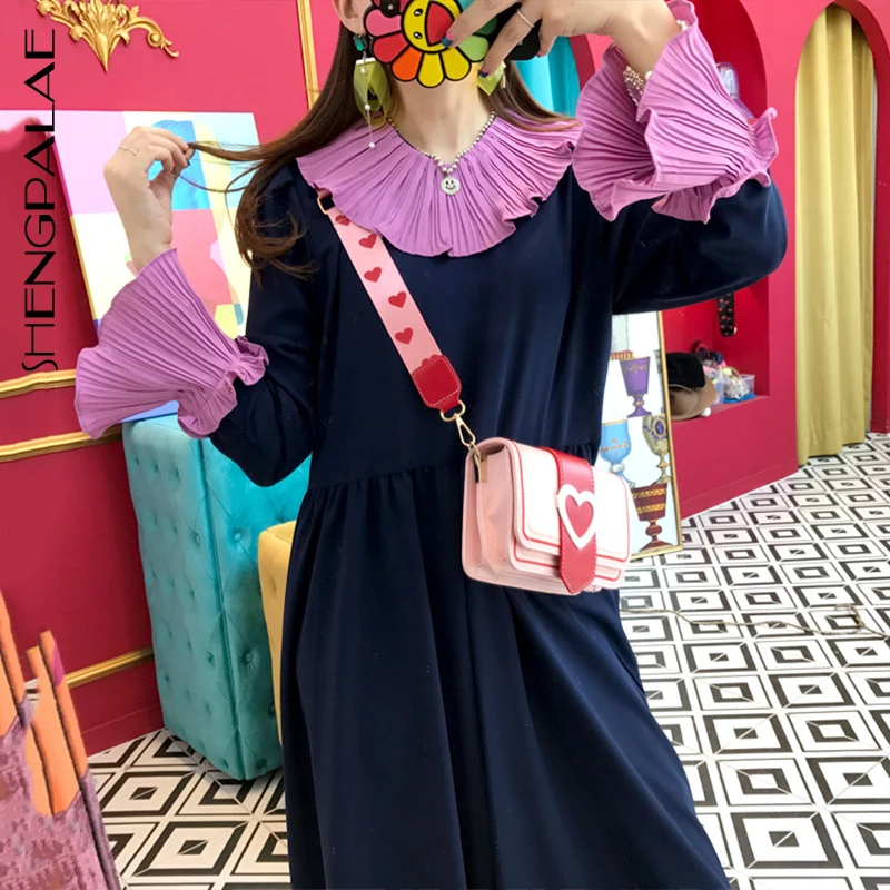 

SHENGPALAE 2019 Autumn Winter Patchwork Colors Peter Pan Collar Vestidos Long Sleeve Loose Big Size Korean Women Dress FS941