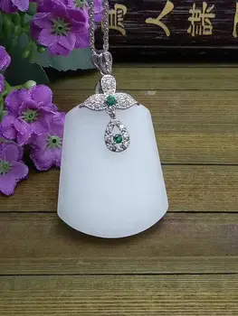

LETSFUN Fine Jewelry Unique Fashion Natural White Jade Carving of Peace Card Shape Pendant Necklace Free Shipping