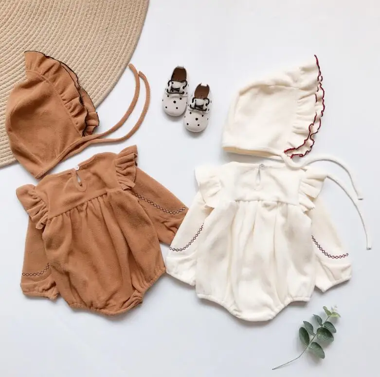new baby girls ruffles thicken romper with hat cotton fashion autumn winter full sleeve babys jumpsuit 6-24 month HJ94