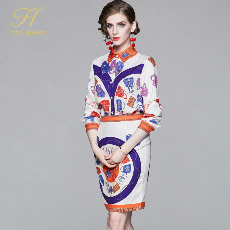 

H Han Queen OL Print 2 Pieces Set Women Autumn Chiffon Long Sleeve Shirt & Print Sheath Bodycon Pencil Skirt Office Skirt Suits