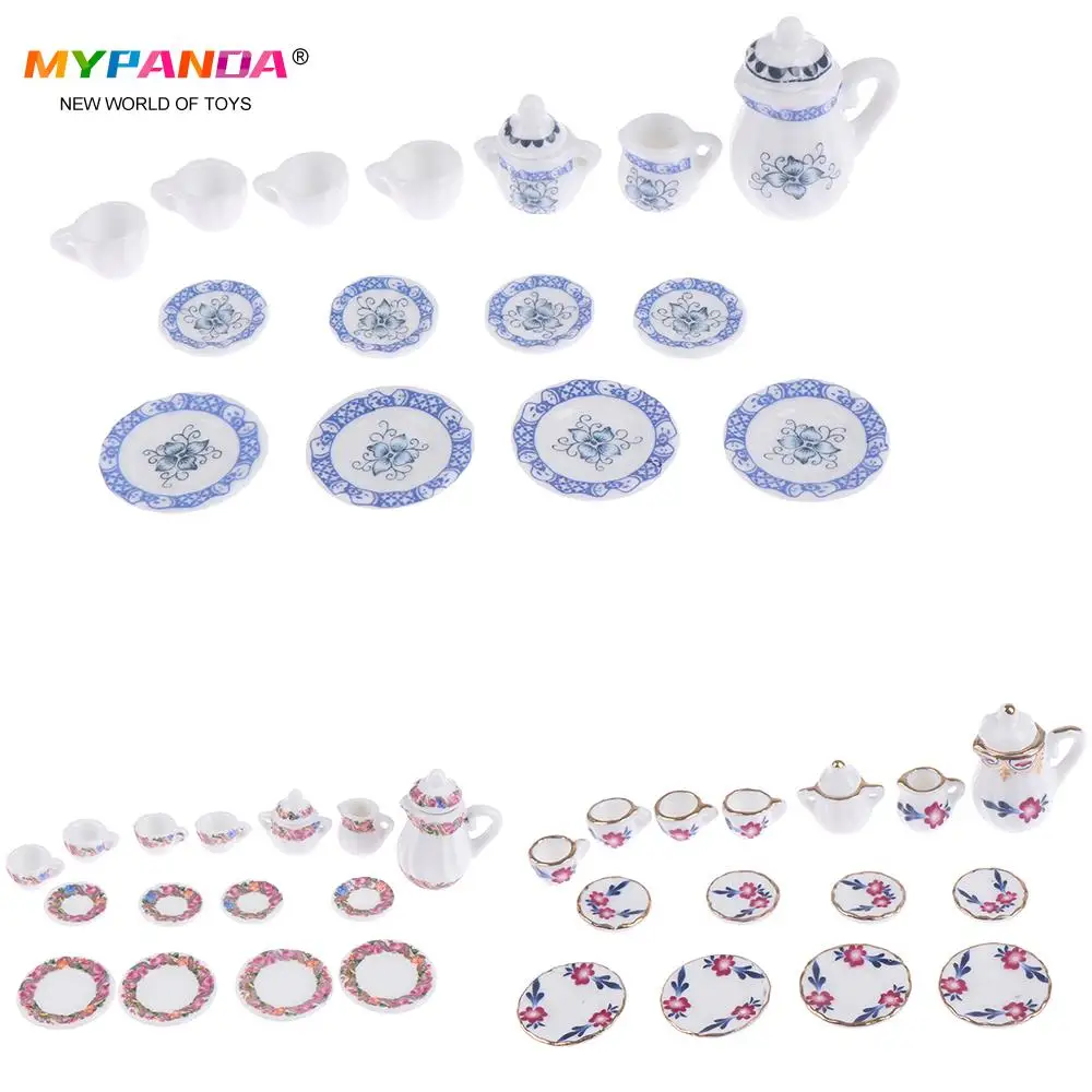 New 1:12 Miniature 15Pcs Porcelain Tea Cup Set Flower Tableware Kitchen Dollhouse Furniture Toys For Children | Игрушки и хобби
