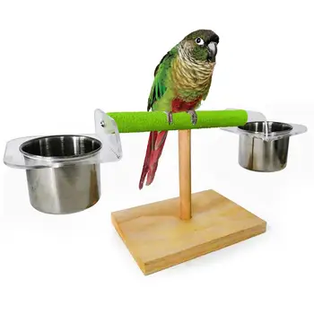 

Pet Bird Parrot Wood Platform Feeding Cup Stand Rack Perch Cage Play Chew Toy