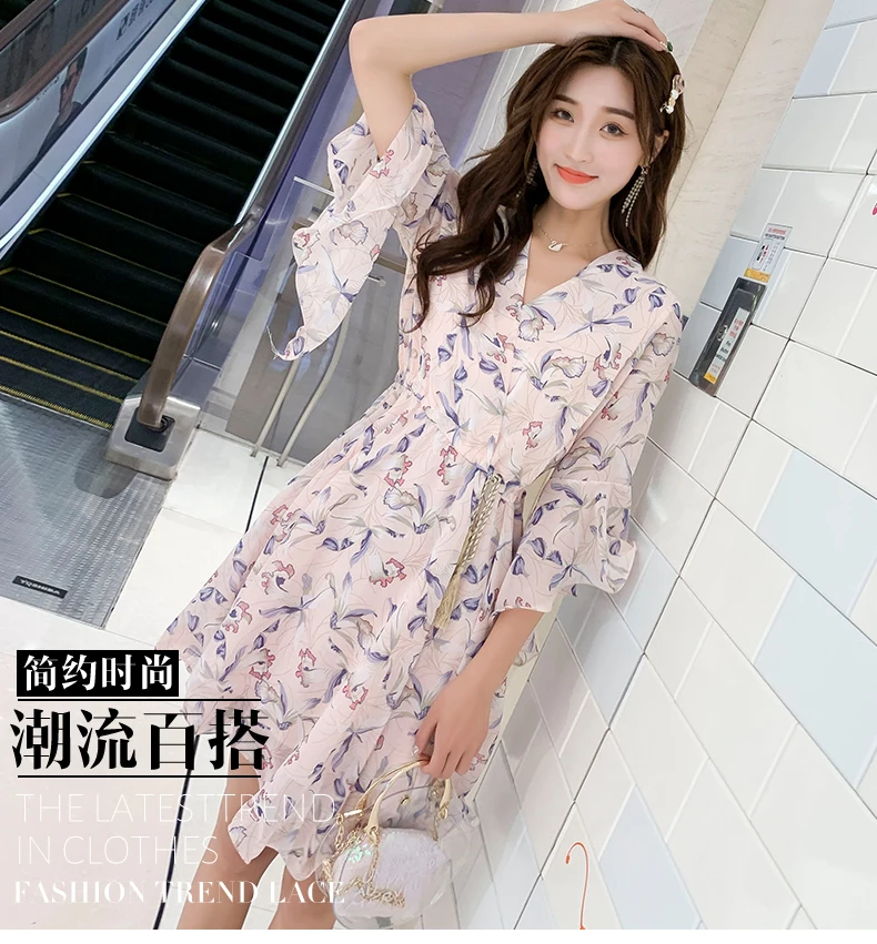 Boho Style Chiffon Dress Women New Summer Ruffles Sleeve V-neck Floral Print Dress Female Beach Tunic Party Dress Vestido