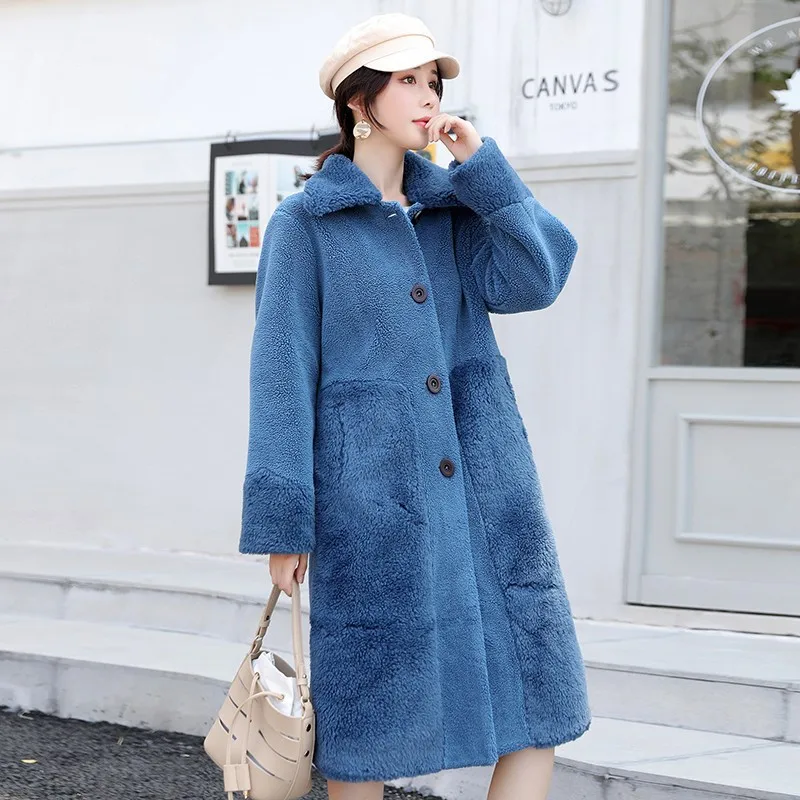 blue Зимнее женское пальто высокого качества, длинное меховое пальто, модное однобортное толстое теплое овечье шерстяная куртка с мехом, женское Свободное пальто - Цвет: blue