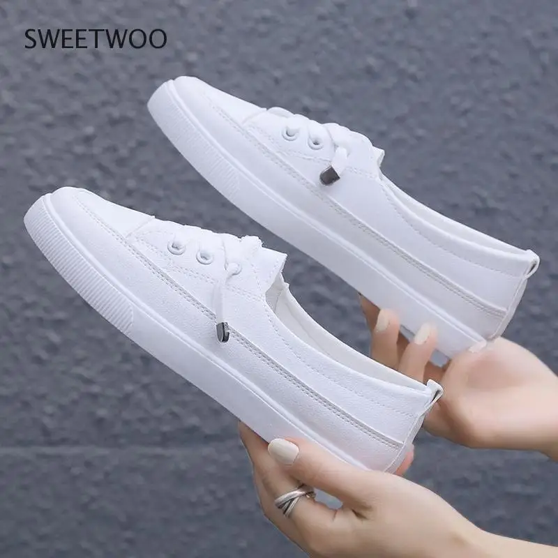 Low platform sneakers women shoes female pu leather Walking sneakers Loafers White flat slip on casual shoes