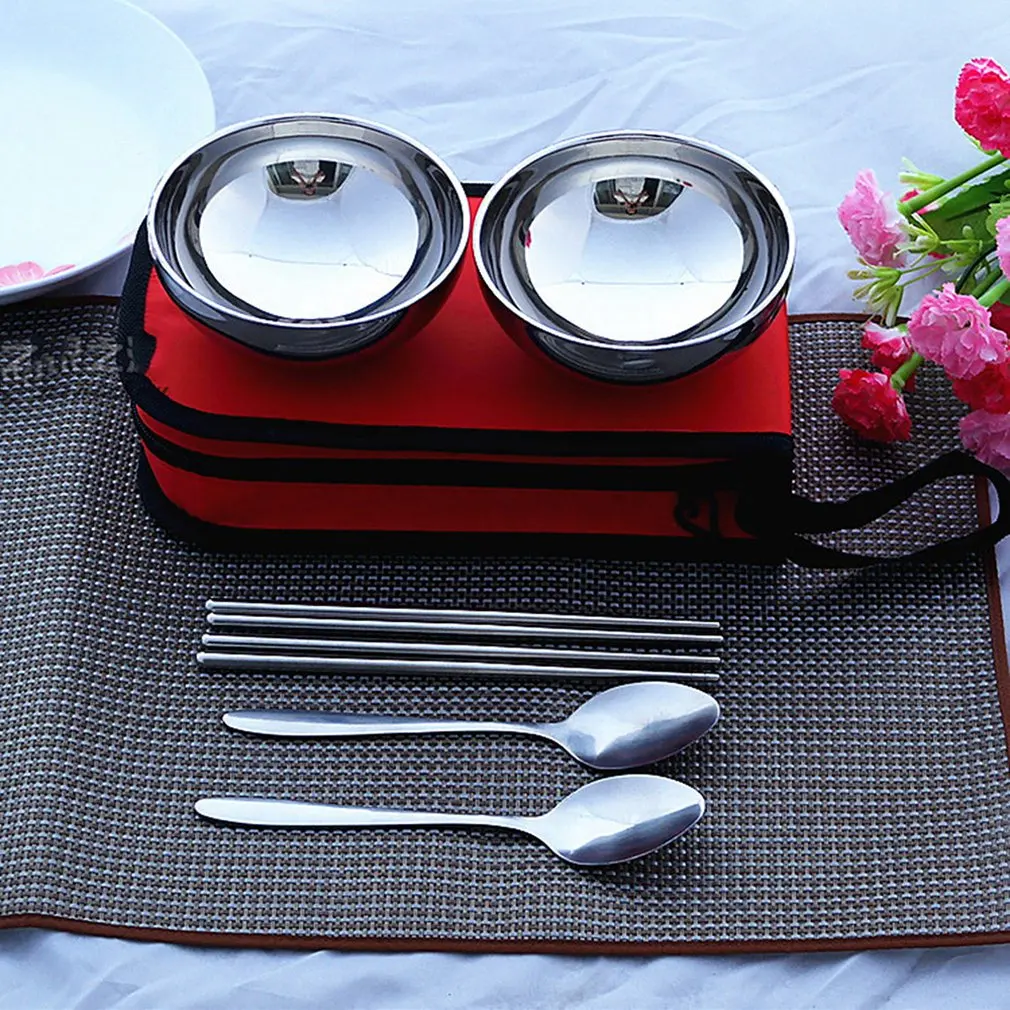 Outdoor Nylon Double Insulation Bag Travel Stainless Steel Folding Picnic Portable Double Insulation Tableware