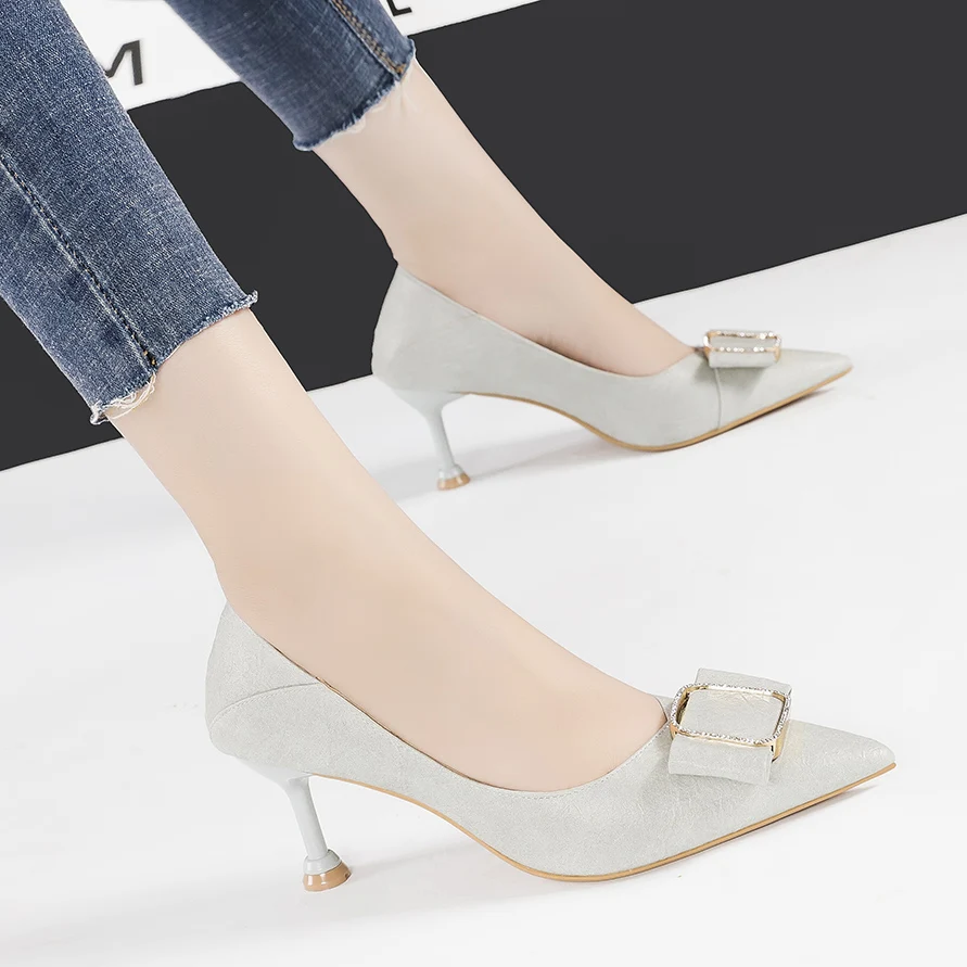 

Shoes Women prints leather slip on pumps buckle High Heels shoes Pointed Toe Slides shallow sandals zapatos mujer khaki apricot