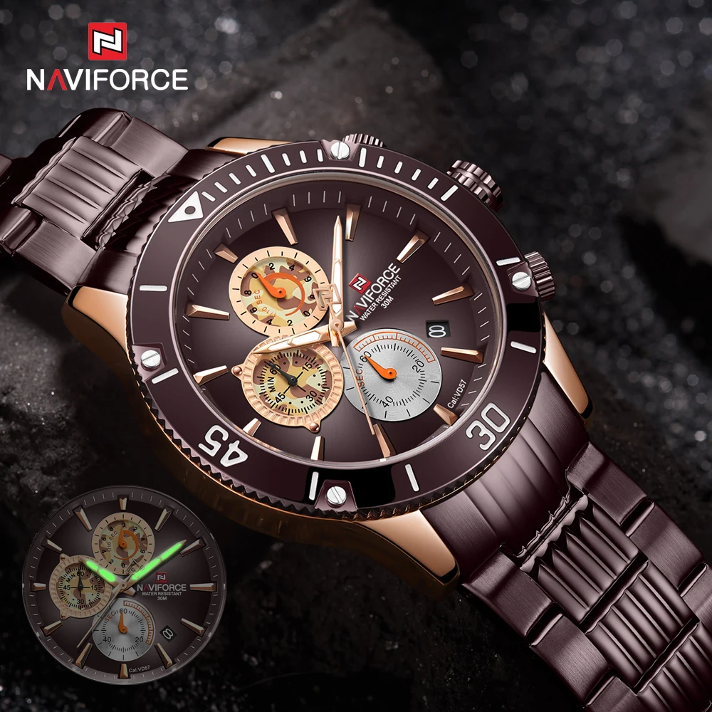 

New Watches Men's Top Brand NAVIFORCE Quartz Wristwatch Creative Design Camo Dial with Stainless Steel Chronograph Sport Watch