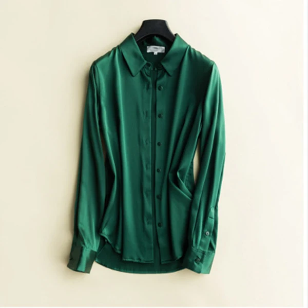 Женская блузка из натурального шелка, Женские топы и блузки с длинным рукавом, Офисная Женская атласная Блуза размера плюс, белая блуза, рубашка, camisas mujer - Цвет: Зеленый