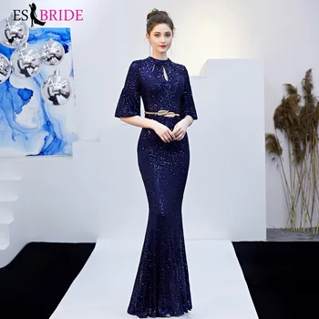 

Evening Dresses 2019 New year High O-Neck Half Sleeve Sequin Lace Navy Blue Sexy Polyester Long Wedding Guest Dresses ES2866-1