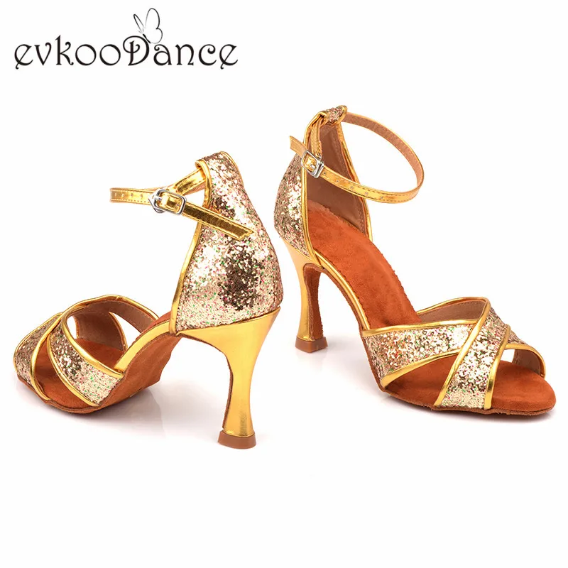 Evkoo/женские туфли для танцев на каблуке 9-9,5 см, из золотистого полиуретана с блестками, Zapatos De Baile, латинский Бальный Танец Сальса, Evkoo-606
