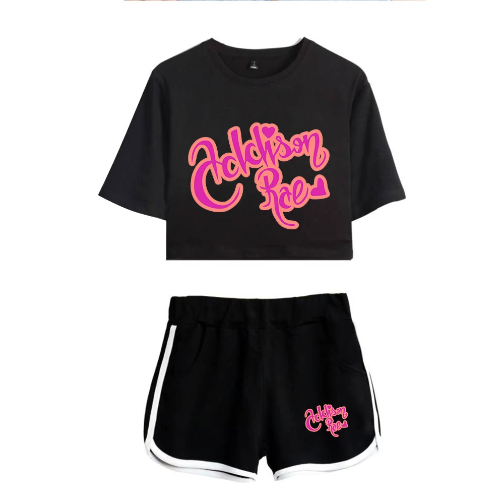 Camiseta blanca de Addison Rae para mujer, pantalones cortos, ropa informal negra de dos piezas, camiseta Sexy de cobertura, traje estampado para mujer