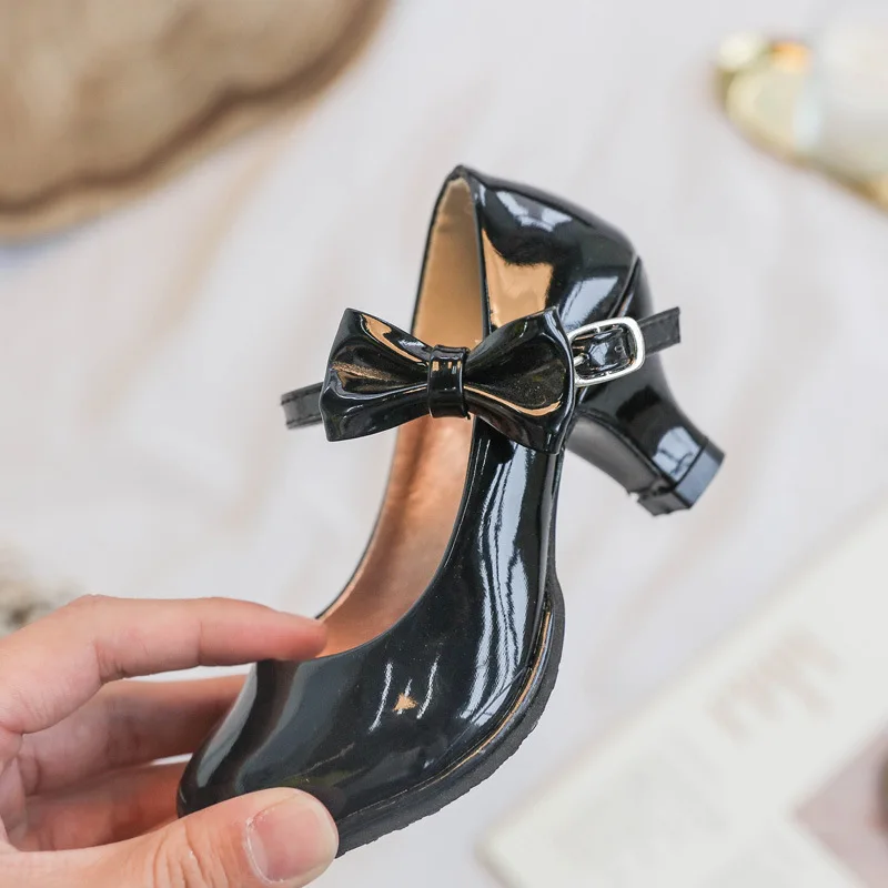 Spirng Formal All Black Shoes Children High Heel Girls Shoes Performance Wedding Party Princess School Girl Dress Shoes D12053