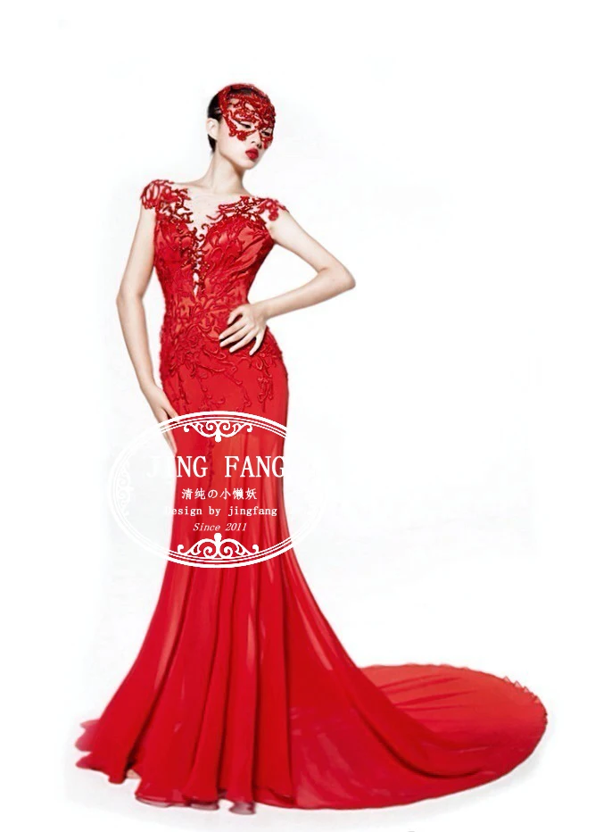 

free Shipping party gown vestido de festa robe de soiree 2016 new fashion appliques red chiffon sexy long Formal evening dress