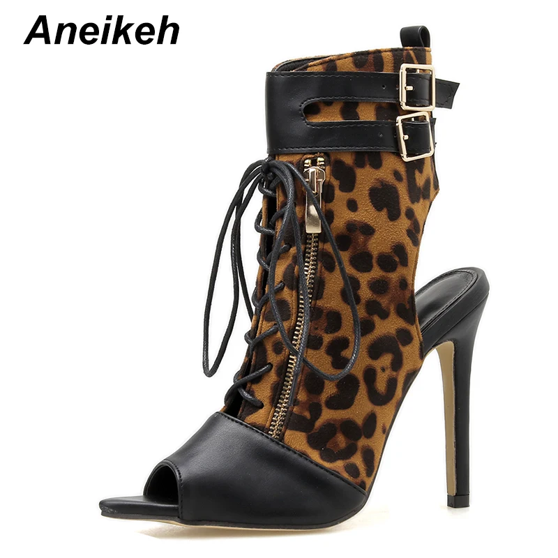 Leopard Print Aneikeh/Новые ботильоны с леопардовым принтом женская обувь на высоком каблуке пикантные женские ботинки «Челси» с открытым носком вечерние туфли на тонком каблуке Размеры 35-40 - Цвет: Leopard Print
