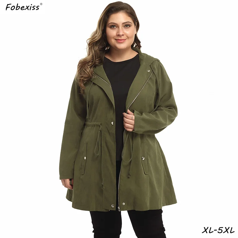 Женские плащи размера плюс 4XL 5XL осенняя одежда для женщин с длинным рукавом на молнии с капюшоном зеленый Тренч пальто Свободное пальто для женщин тренч женский на осень uk fashion удлиненный пиджак тренч большого р