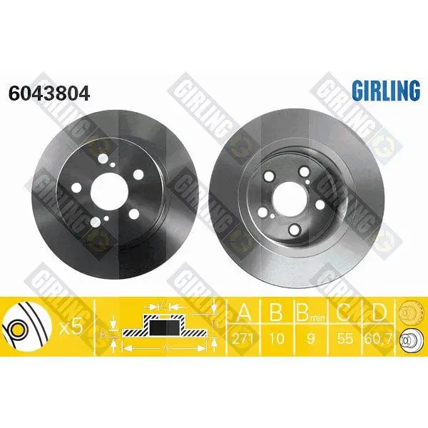 Диск тормозной TOYOTA AVENSIS 97-03 задний D=271мм. GIRLING 6043