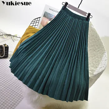 

2020 Two Layer Spring Women Suede Skirt Long Pleated Skirts Top Brand Womens Saias Midi Faldas Vintage Women Midi Skirt