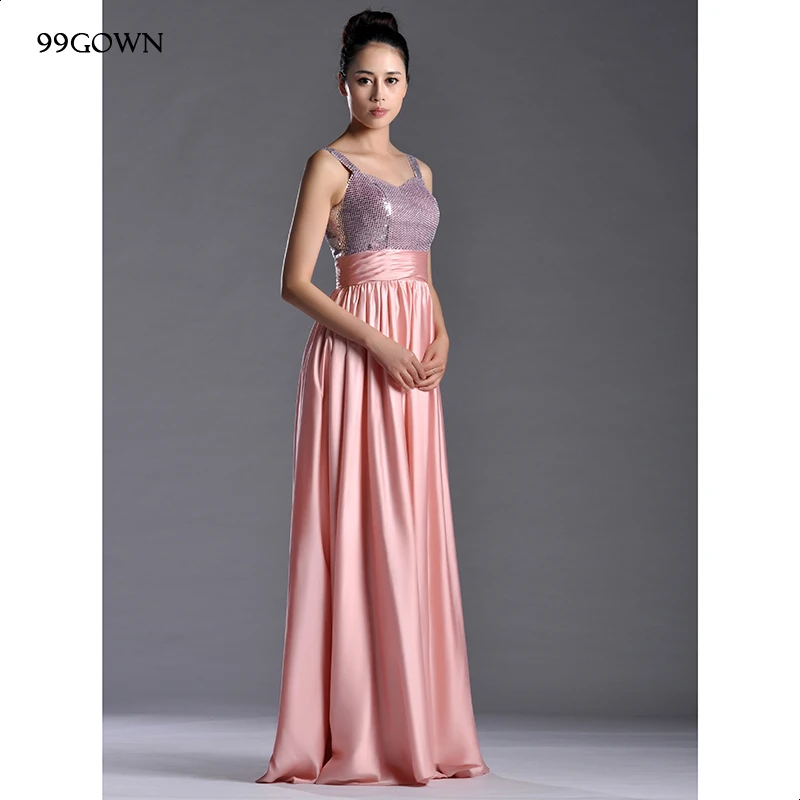 99GOWN, розовые шифоновые длинные платья для женщин,, свадебное платье, роскошное, с блестками, на тонких бретелях, платья подружек невесты